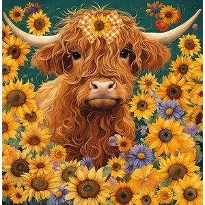 New Highland Cow Plush Throw Blanket Gift Farm Sunflowers Horns Bull Daisies NIP